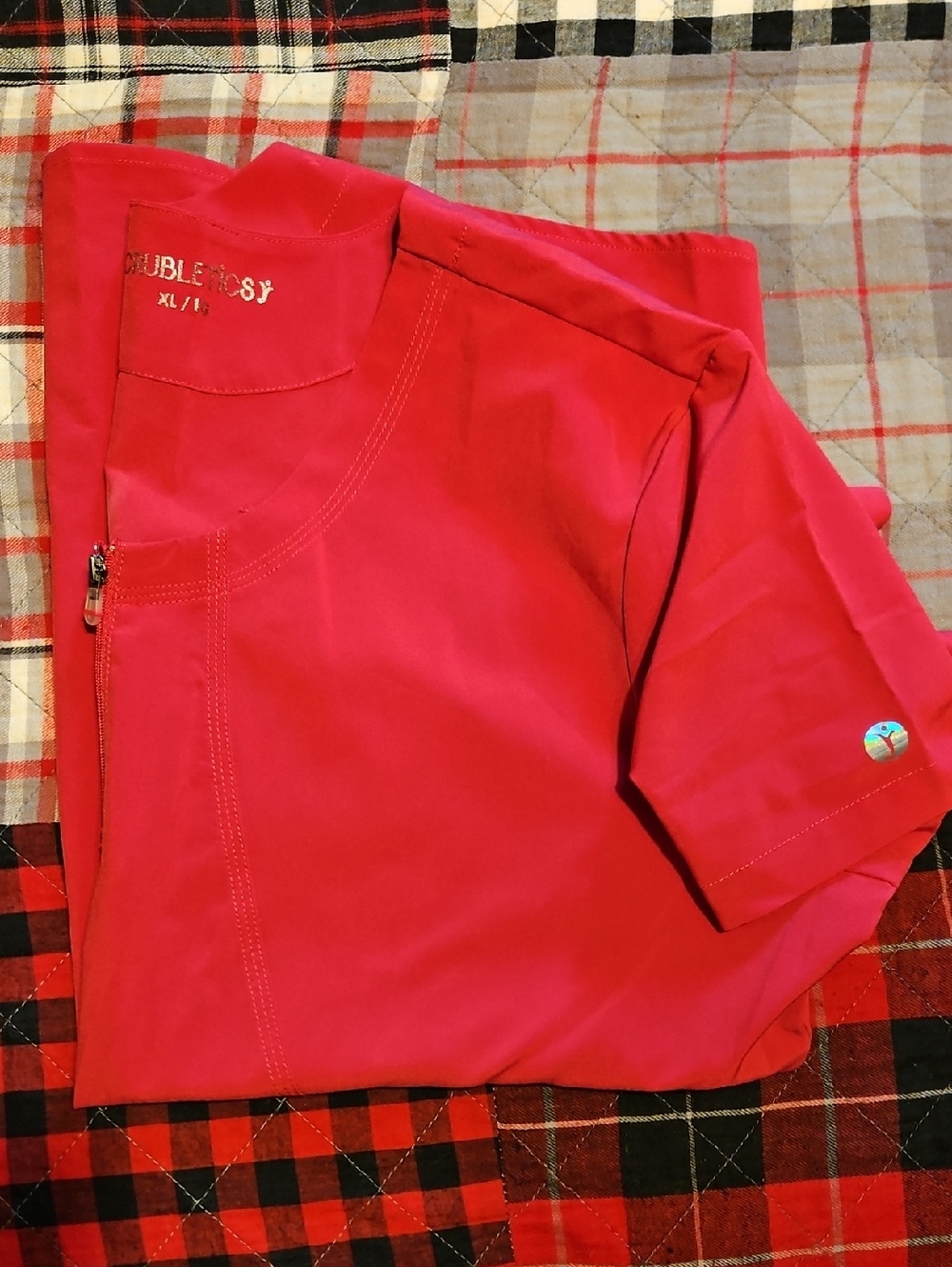 Bright Pink Short Sleeve Scrub Top with Zip Detail